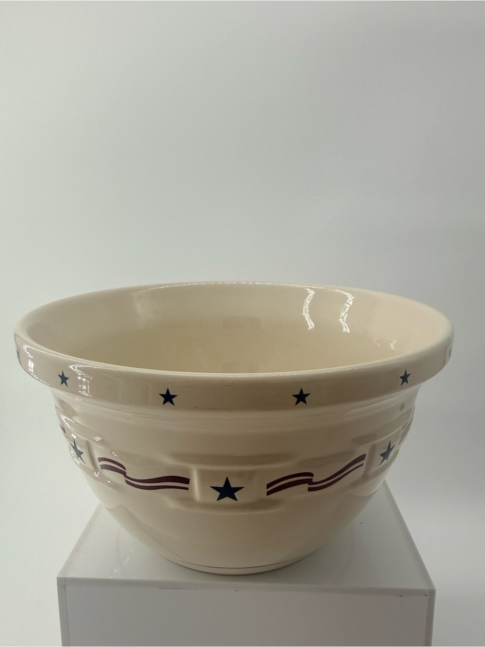 Longaberger Cream Ceramic Bowl with Navy Stars and Red Stripes
